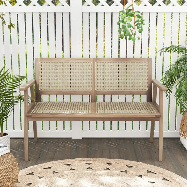 Indonesia Teak Wood Garden Bench with Armrests and Natural Rattan Backrest - Natural - Outdoor Benches