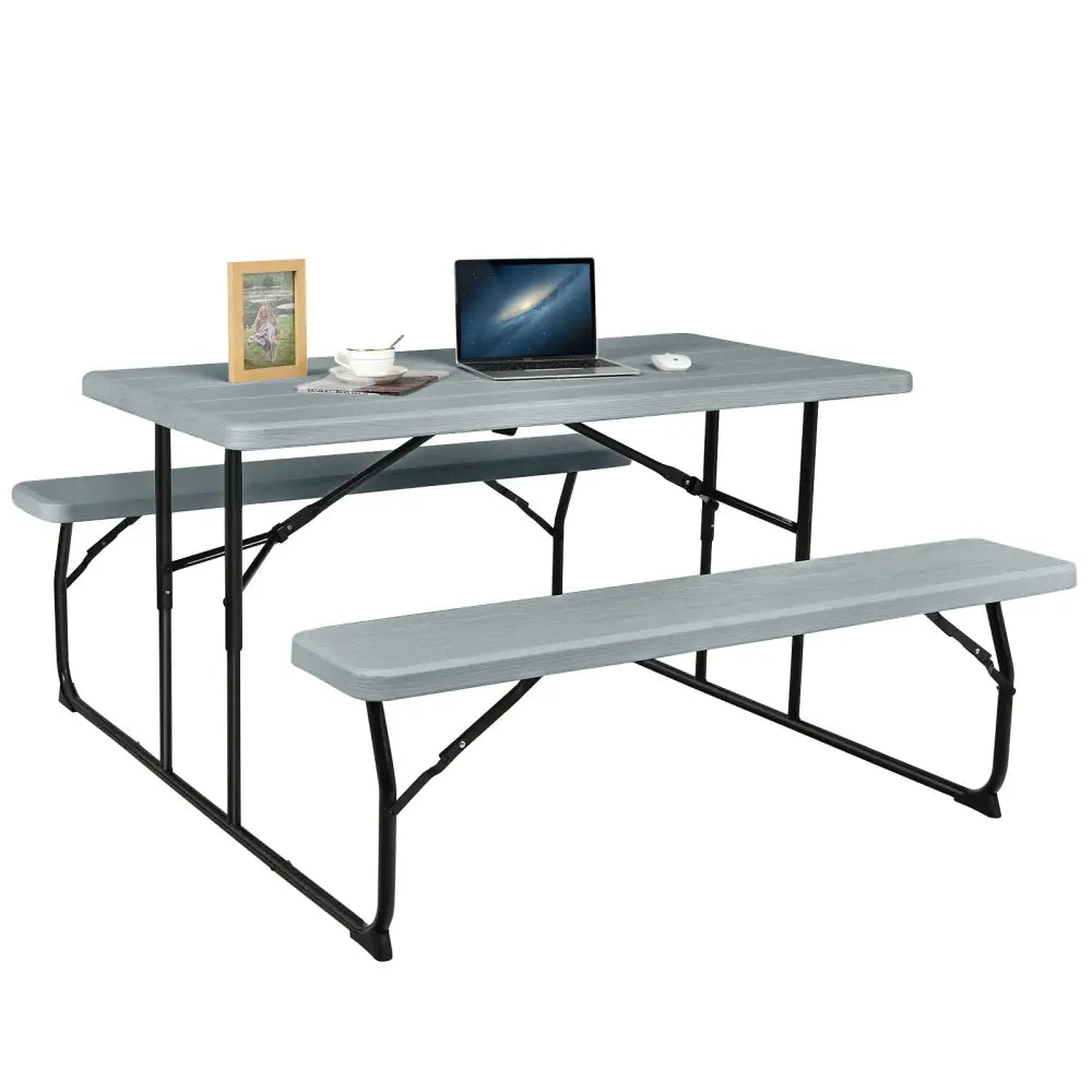 Indoor and Outdoor Folding Picnic Table Bench Set with Wood-like Texture-Gray - Gray - Picnic Tables