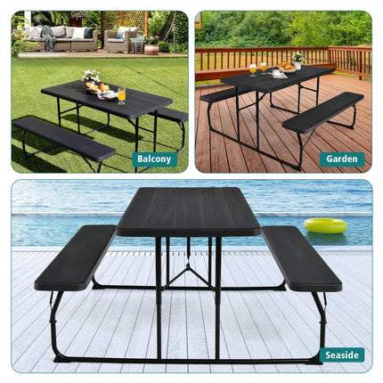 Indoor and Outdoor Folding Picnic Table Bench Set with Wood-like Texture-Black - Black - Picnic Tables