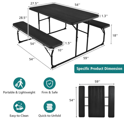 Indoor and Outdoor Folding Picnic Table Bench Set with Wood-like Texture-Black - Black - Picnic Tables