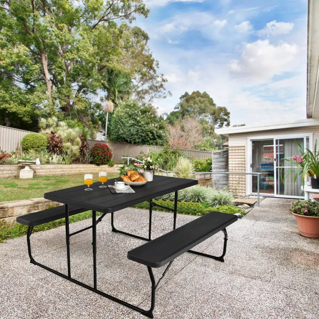 Indoor and Outdoor Folding Picnic Table Bench Set with Wood-like Texture-Black - Black - Picnic Tables