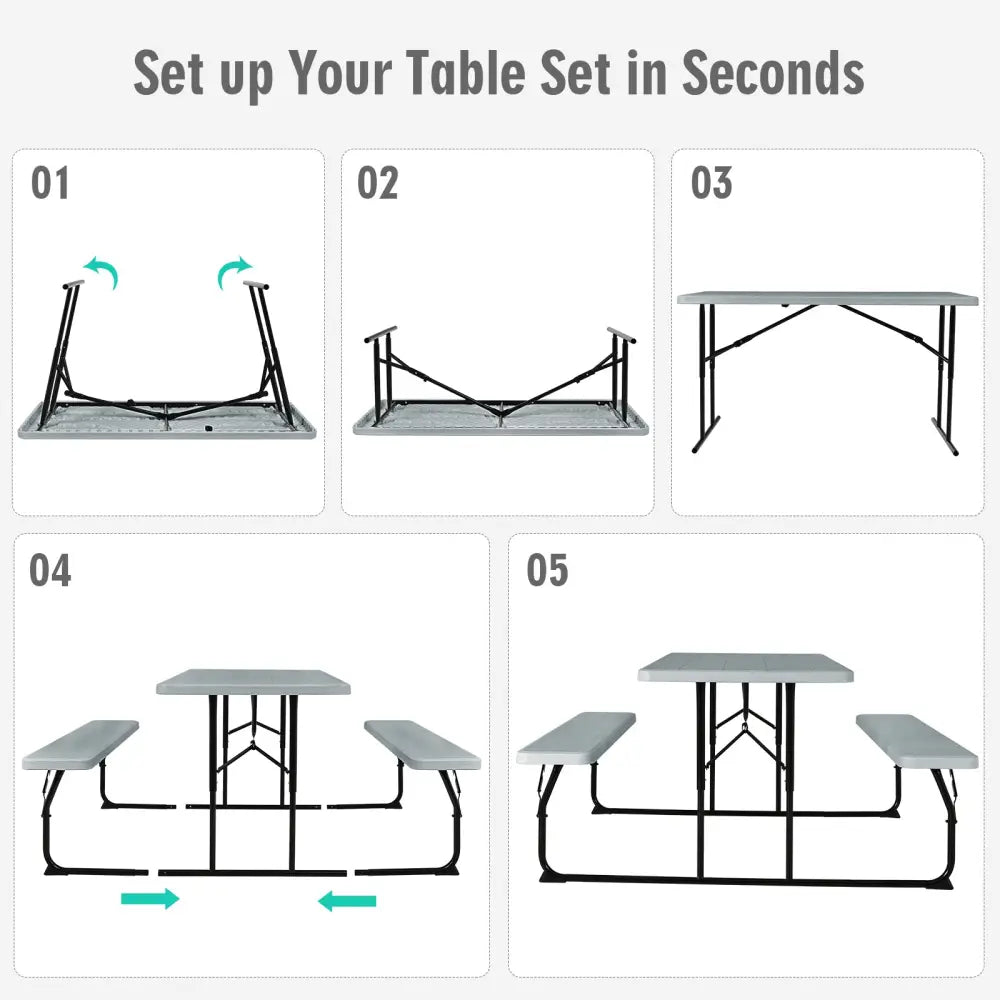 Indoor and Outdoor Folding Picnic Table Bench Set with Wood-like Texture-Gray - Gray - Picnic Tables