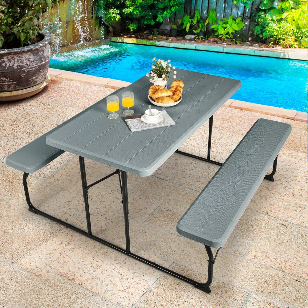 Indoor and Outdoor Folding Picnic Table Bench Set with Wood-like Texture-Gray - Gray - Picnic Tables