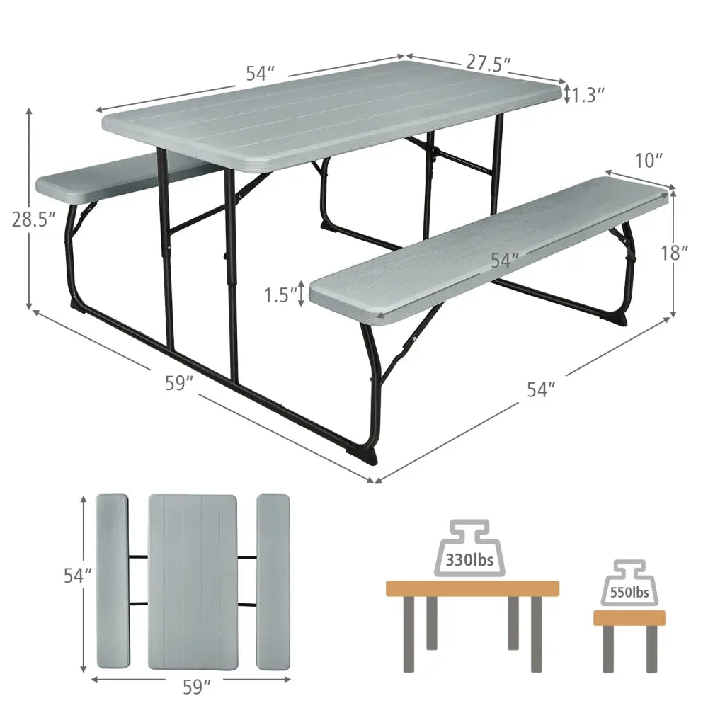 Indoor and Outdoor Folding Picnic Table Bench Set with Wood-like Texture-Gray - Gray - Picnic Tables
