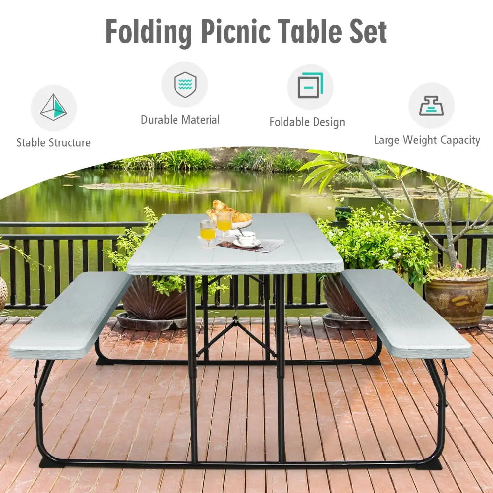Indoor and Outdoor Folding Picnic Table Bench Set with Wood-like Texture-Gray - Gray - Picnic Tables
