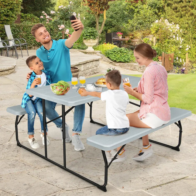 Indoor and Outdoor Folding Picnic Table Bench Set with Wood-like Texture-Gray - Gray - Picnic Tables