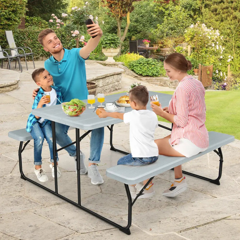 Indoor and Outdoor Folding Picnic Table Bench Set with Wood-like Texture-Gray - Gray - Picnic Tables