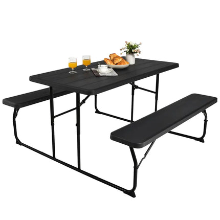Indoor and Outdoor Folding Picnic Table Bench Set with Wood-like Texture-Black - Black - Picnic Tables