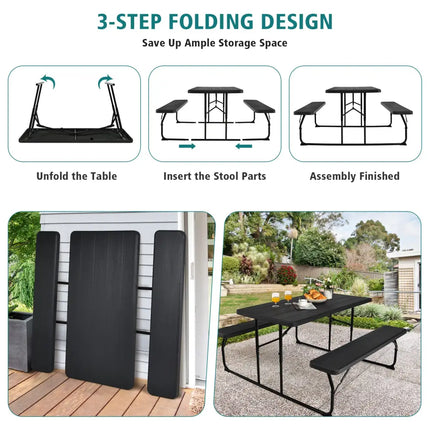 Indoor and Outdoor Folding Picnic Table Bench Set with Wood-like Texture-Black - Black - Picnic Tables