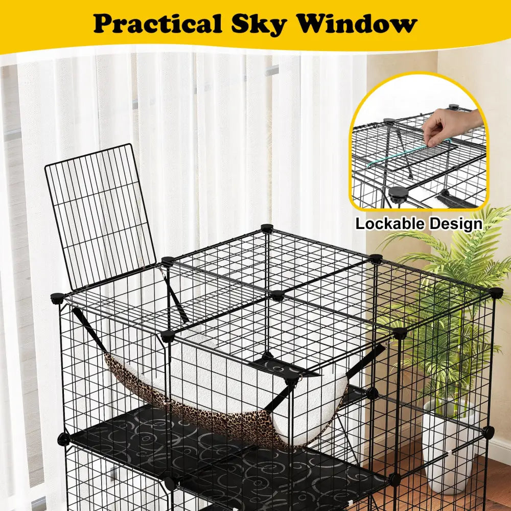 Indoor Cat Cage 3-Tier Cat Enclosure Detachable Metal Wire Kennel-Black - Black - Cat Trees Condos & Scratchers