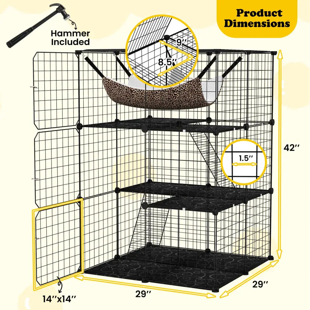 Indoor Cat Cage 3-Tier Cat Enclosure Detachable Metal Wire Kennel-Black - Black - Cat Trees Condos & Scratchers