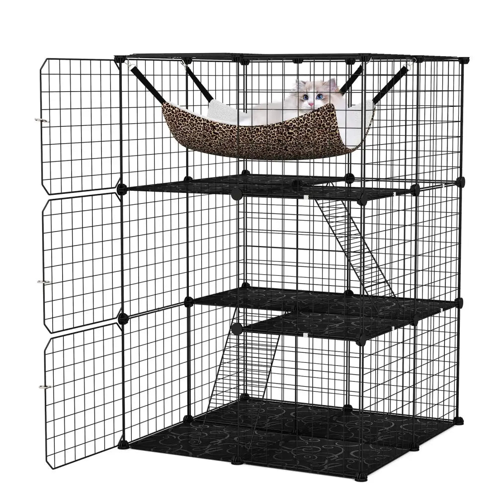 Indoor Cat Cage 3-Tier Cat Enclosure Detachable Metal Wire Kennel-Black - Black - Cat Trees Condos & Scratchers