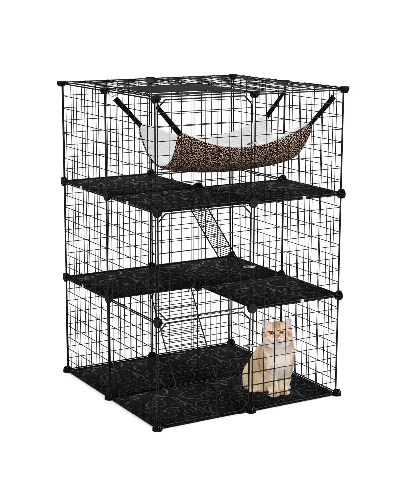 Indoor Cat Cage 3-Tier Cat Enclosure Detachable Metal Wire Kennel-Black - Black - Cat Trees Condos & Scratchers
