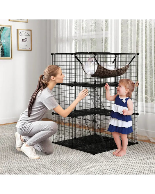Indoor Cat Cage 3-Tier Cat Enclosure Detachable Metal Wire Kennel-Black - Black - Cat Trees Condos & Scratchers