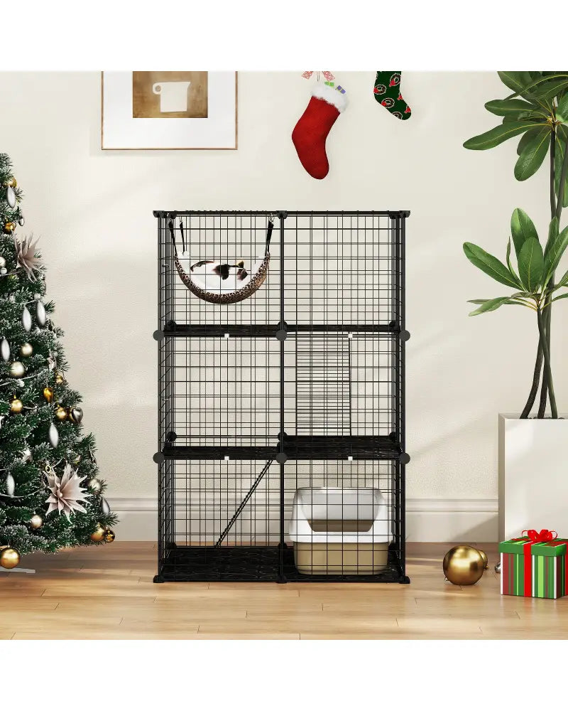 Indoor Cat Cage 3-Tier Cat Enclosure Detachable Metal Wire Kennel-Black - Black - Cat Trees Condos & Scratchers