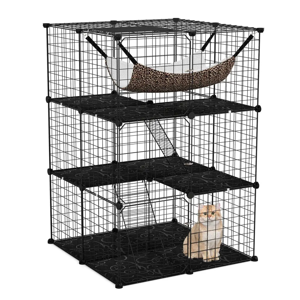 Indoor Cat Cage 3-Tier Cat Enclosure Detachable Metal Wire Kennel-Black - Black - Cat Trees Condos & Scratchers