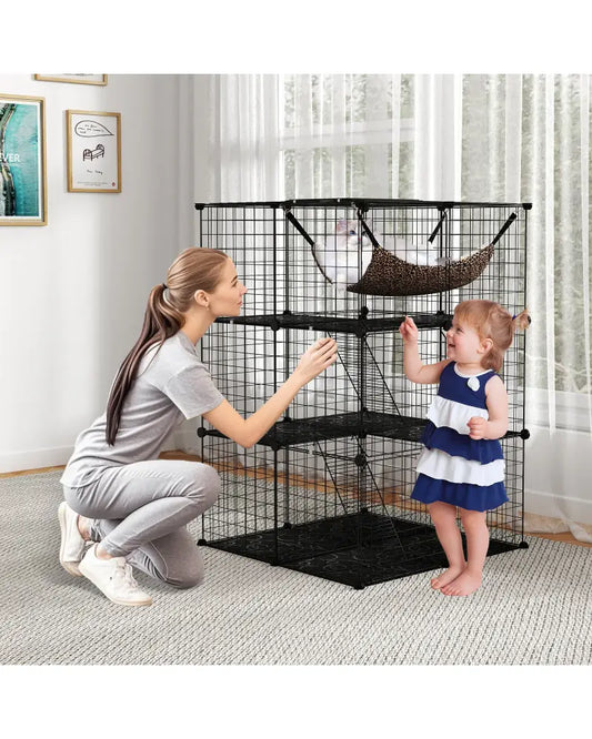 Indoor Cat Cage 3-Tier Cat Enclosure Detachable Metal Wire Kennel-Black - Black - Cat Trees Condos & Scratchers