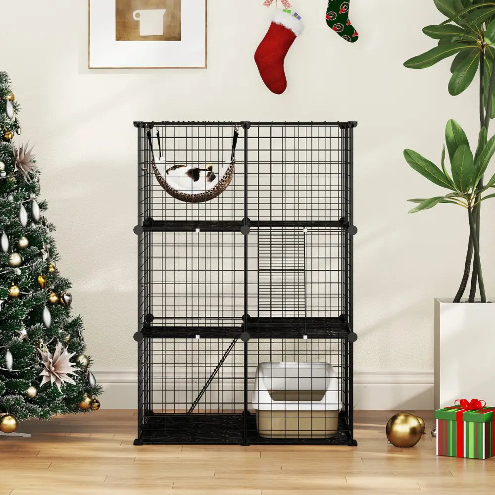Indoor Cat Cage 3-Tier Cat Enclosure Detachable Metal Wire Kennel-Black - Black - Cat Trees Condos & Scratchers