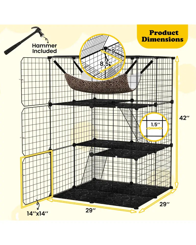 Indoor Cat Cage 3-Tier Cat Enclosure Detachable Metal Wire Kennel-Black - Black - Cat Trees Condos & Scratchers