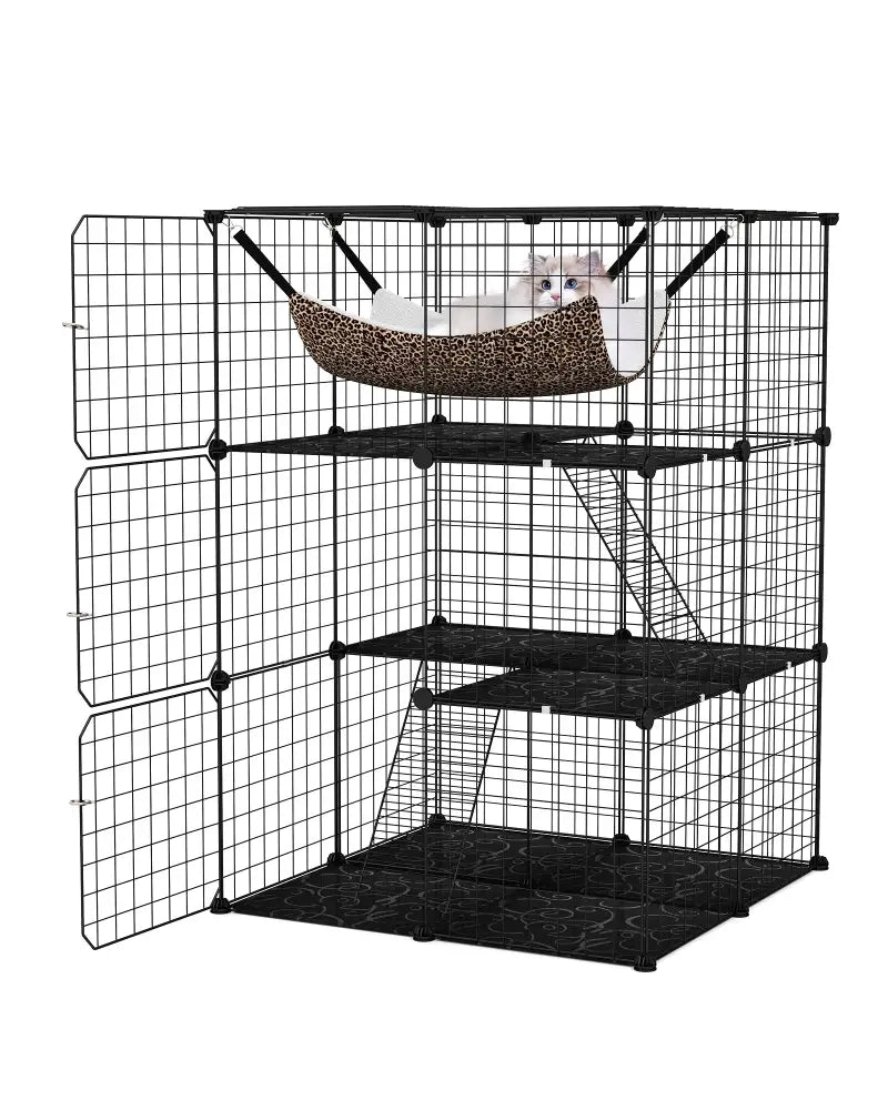 Indoor Cat Cage 3-Tier Cat Enclosure Detachable Metal Wire Kennel-Black - Black - Cat Trees Condos & Scratchers