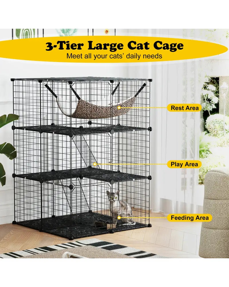 Indoor Cat Cage 3-Tier Cat Enclosure Detachable Metal Wire Kennel-Black - Black - Cat Trees Condos & Scratchers