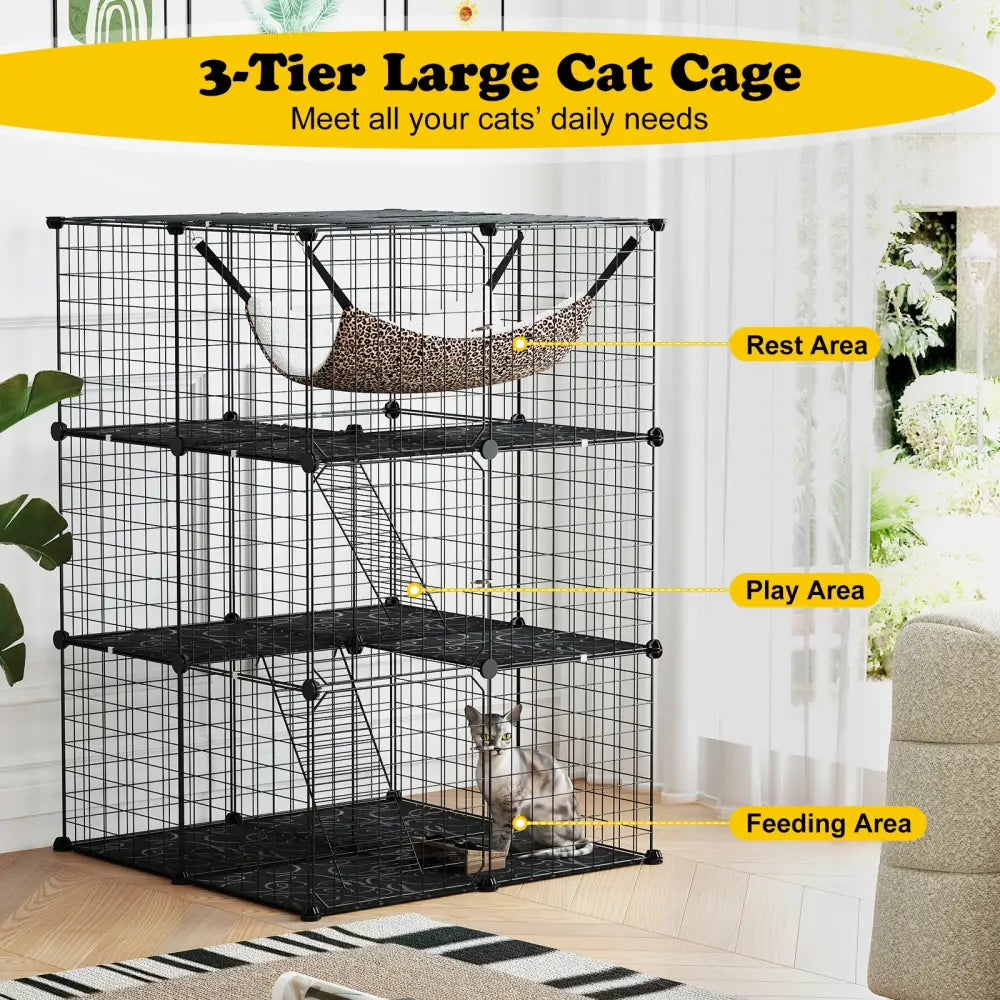 Indoor Cat Cage 3-Tier Cat Enclosure Detachable Metal Wire Kennel-Black - Black - Cat Trees Condos & Scratchers