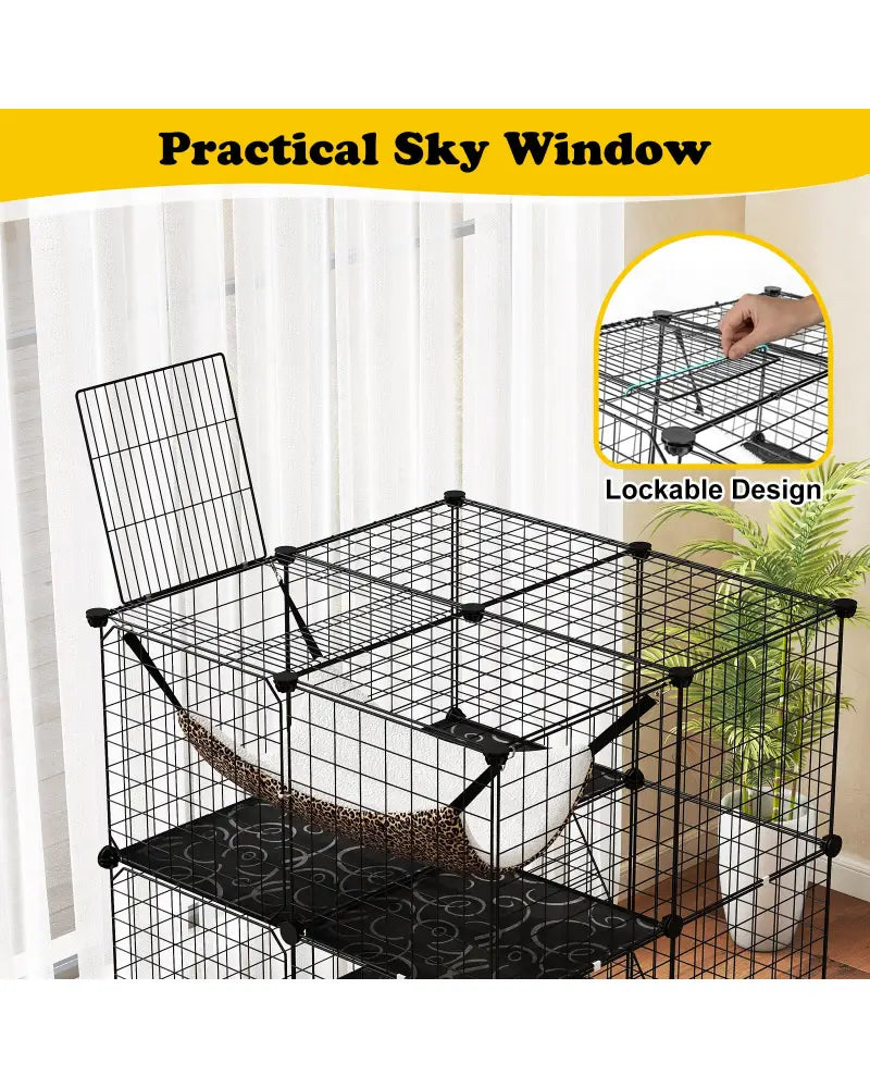 Indoor Cat Cage 3-Tier Cat Enclosure Detachable Metal Wire Kennel-Black - Black - Cat Trees Condos & Scratchers