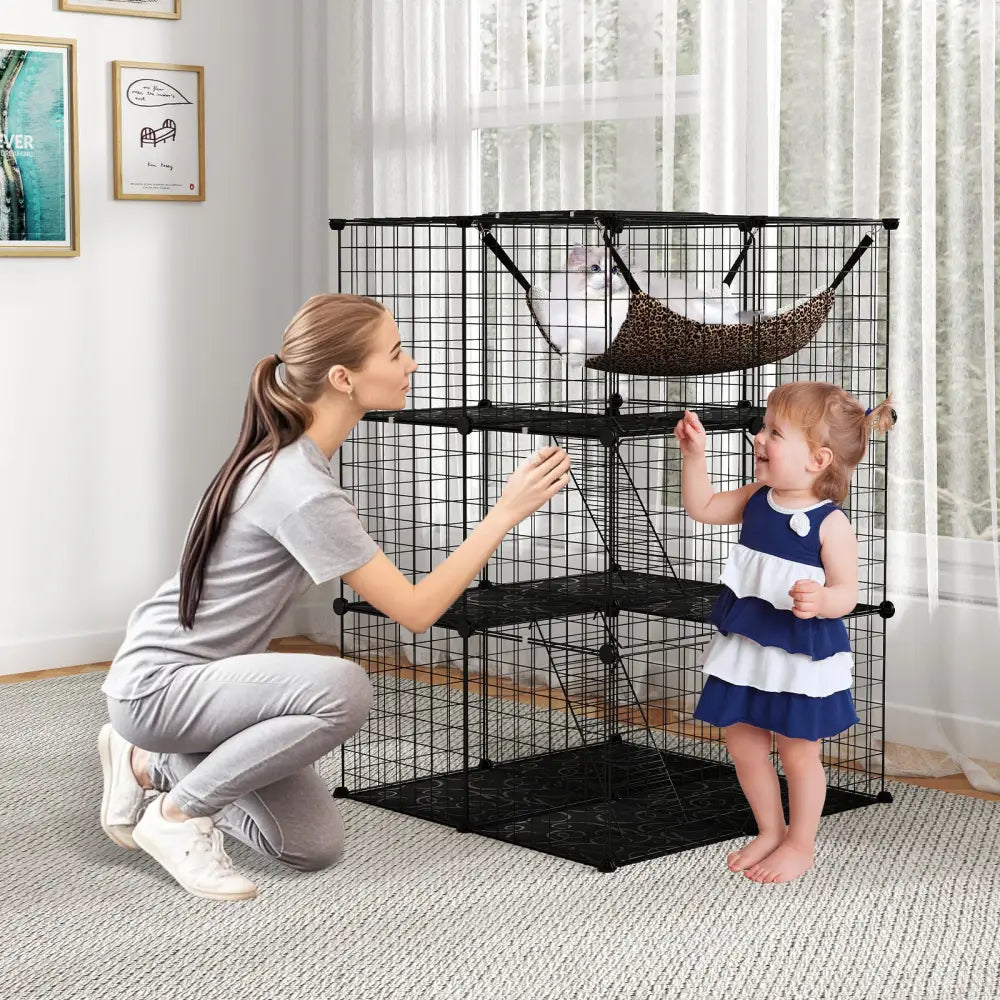 Indoor Cat Cage 3-Tier Cat Enclosure Detachable Metal Wire Kennel-Black - Black - Cat Trees Condos & Scratchers