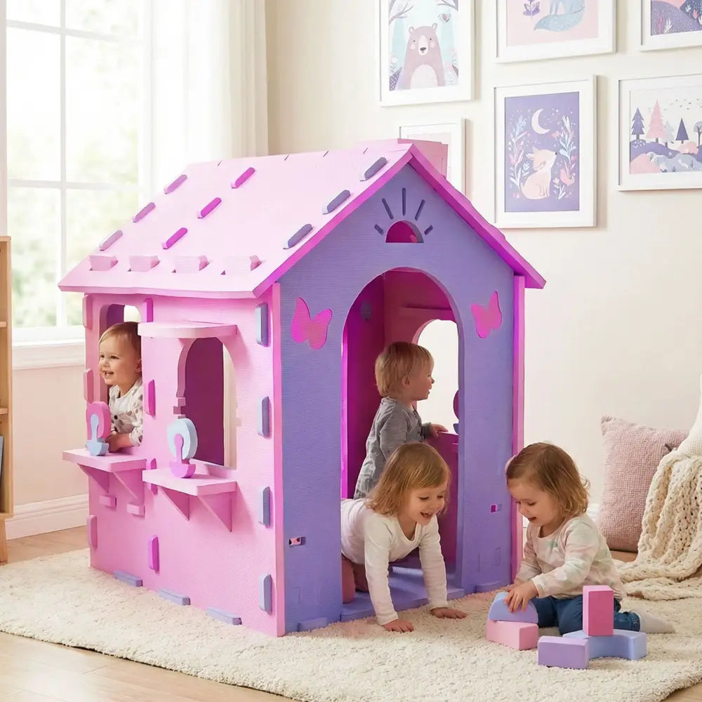 Indoor Cottage Playset with Roof and Chimney for Creative Play-Pink & Purple - Pink & Purple - Play Tents & Playhouse