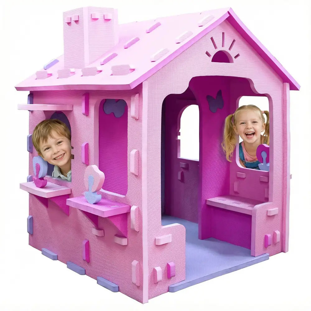 Indoor Cottage Playset with Roof and Chimney for Creative Play-Pink & Purple - Pink & Purple - Play Tents & Playhouse
