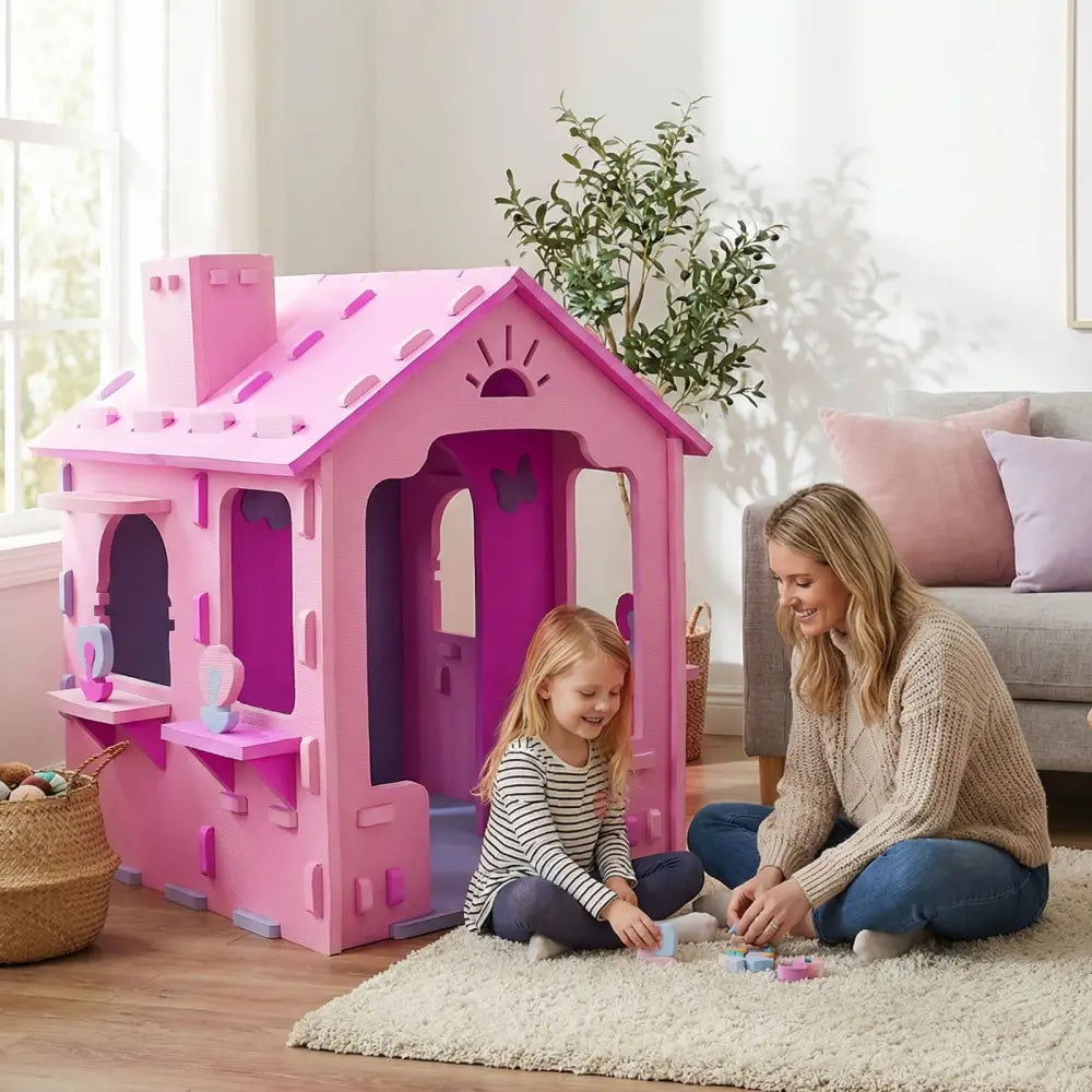 Indoor Cottage Playset with Roof and Chimney for Creative Play-Pink & Purple - Pink & Purple - Play Tents & Playhouse