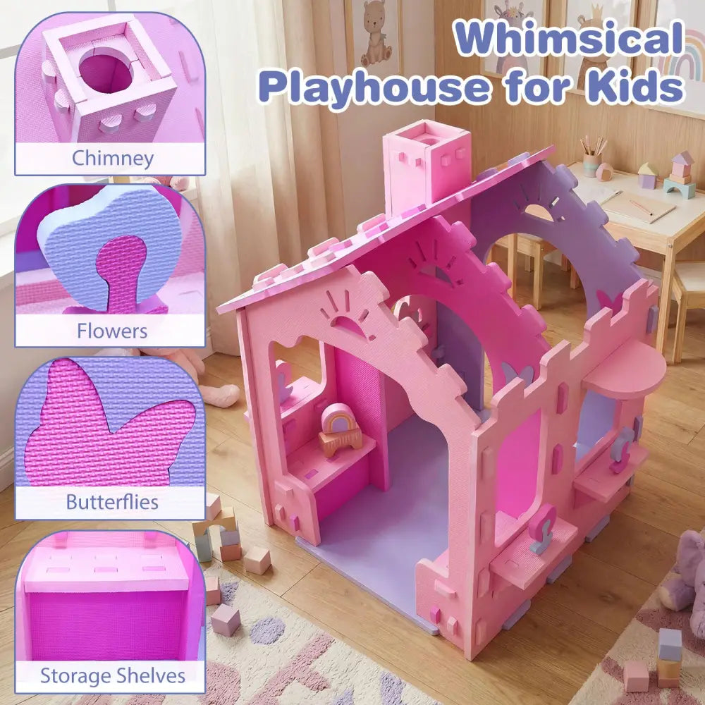Indoor Cottage Playset with Roof and Chimney for Creative Play-Pink & Purple - Pink & Purple - Play Tents & Playhouse