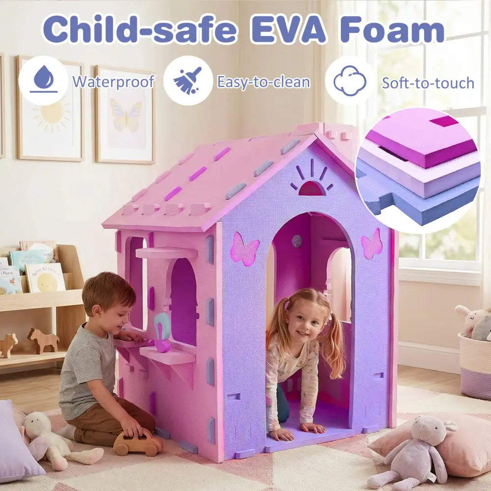 Indoor Cottage Playset with Roof and Chimney for Creative Play-Pink & Purple - Pink & Purple - Play Tents & Playhouse