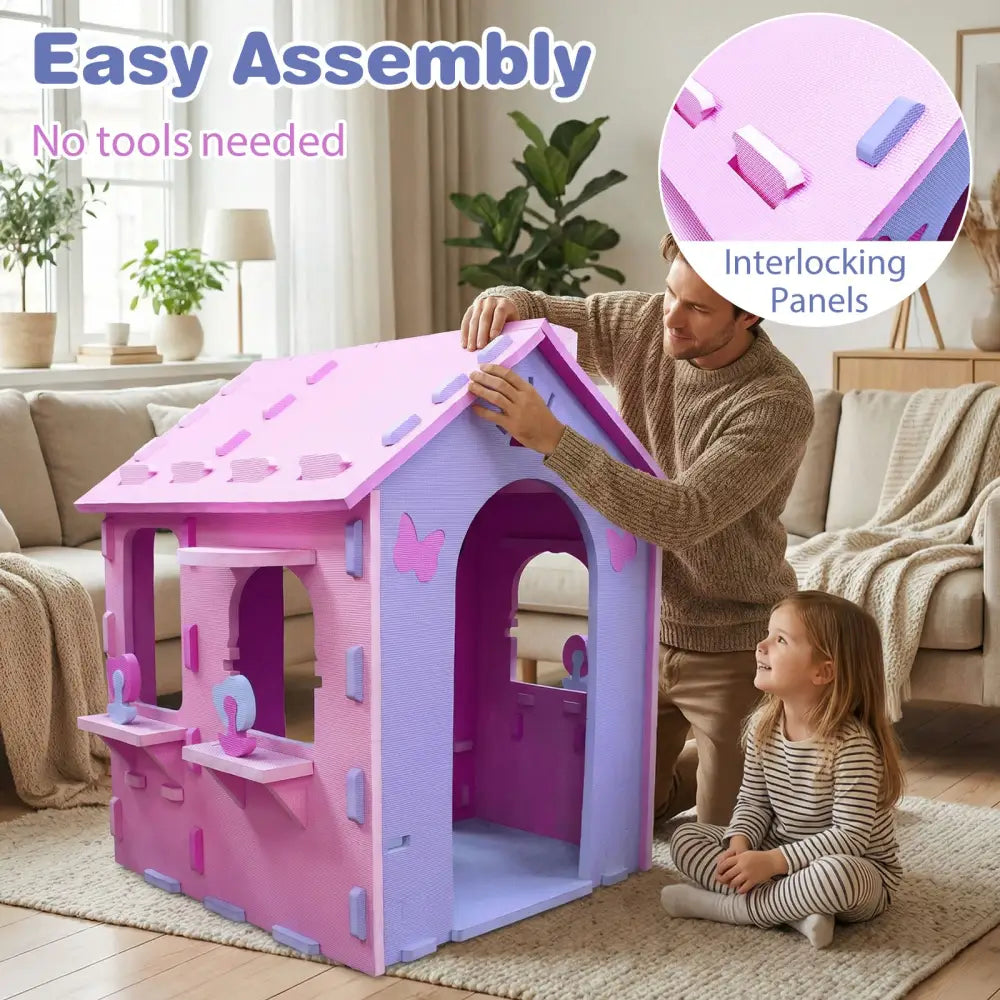 Indoor Cottage Playset with Roof and Chimney for Creative Play-Pink & Purple - Pink & Purple - Play Tents & Playhouse