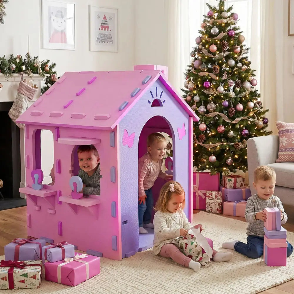 Indoor Cottage Playset with Roof and Chimney for Creative Play-Pink & Purple - Pink & Purple - Play Tents & Playhouse