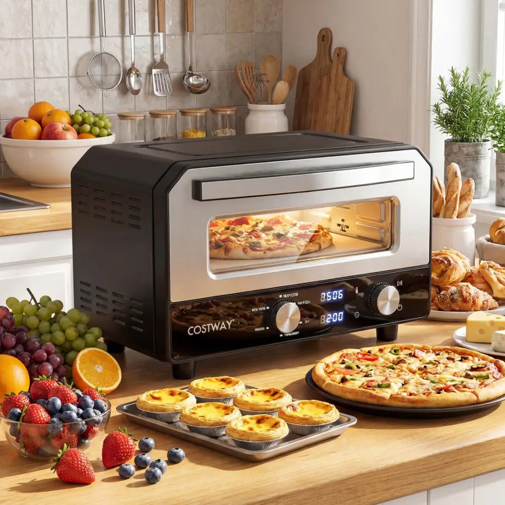 Indoor Electric Pizza Oven Countertop Pizza Oven for 12 Inch Pizzas-Black - Black - Toaster Ovens