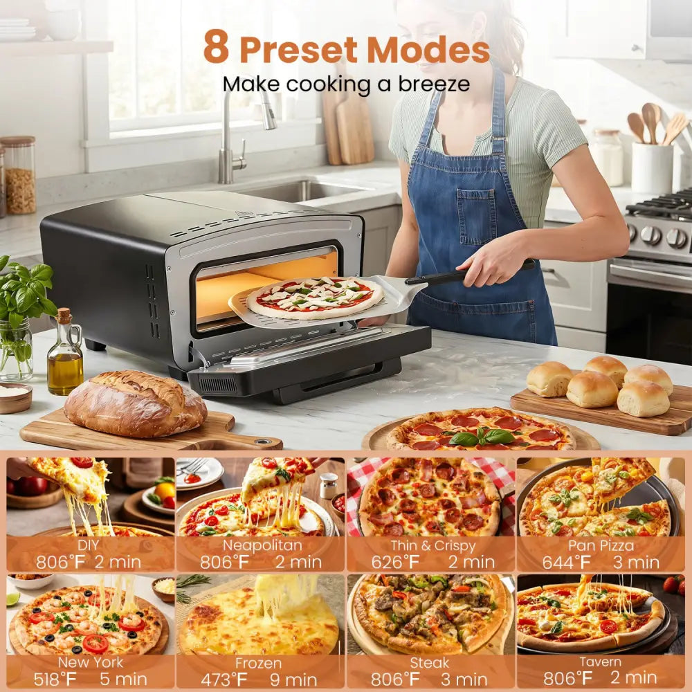Indoor Electric Pizza Oven for 12’’ Pizzas with 8 Presets-Black - Black - Toaster Ovens