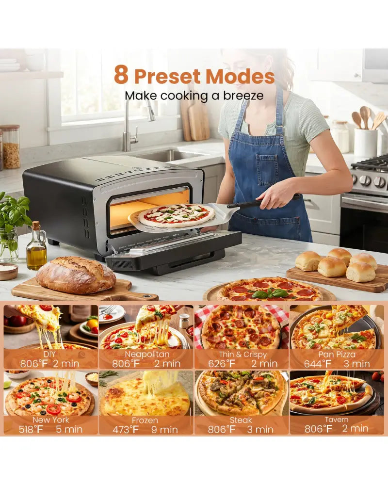 Indoor Electric Pizza Oven for 12’’ Pizzas with 8 Presets-Black - Black - Toaster Ovens