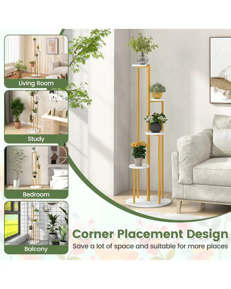 Indoor Metal Plant Stand Corner Plant Shelf for Potted Plant with Golden Metal Frame-White - White - Plant Stands