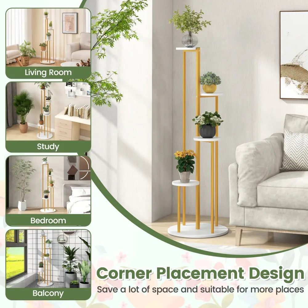 Indoor Metal Plant Stand Corner Plant Shelf for Potted Plant with Golden Metal Frame-White - White - Plant Stands