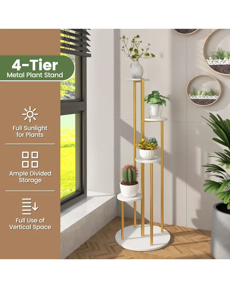 Indoor Metal Plant Stand Corner Plant Shelf for Potted Plant with Golden Metal Frame-White - White - Plant Stands