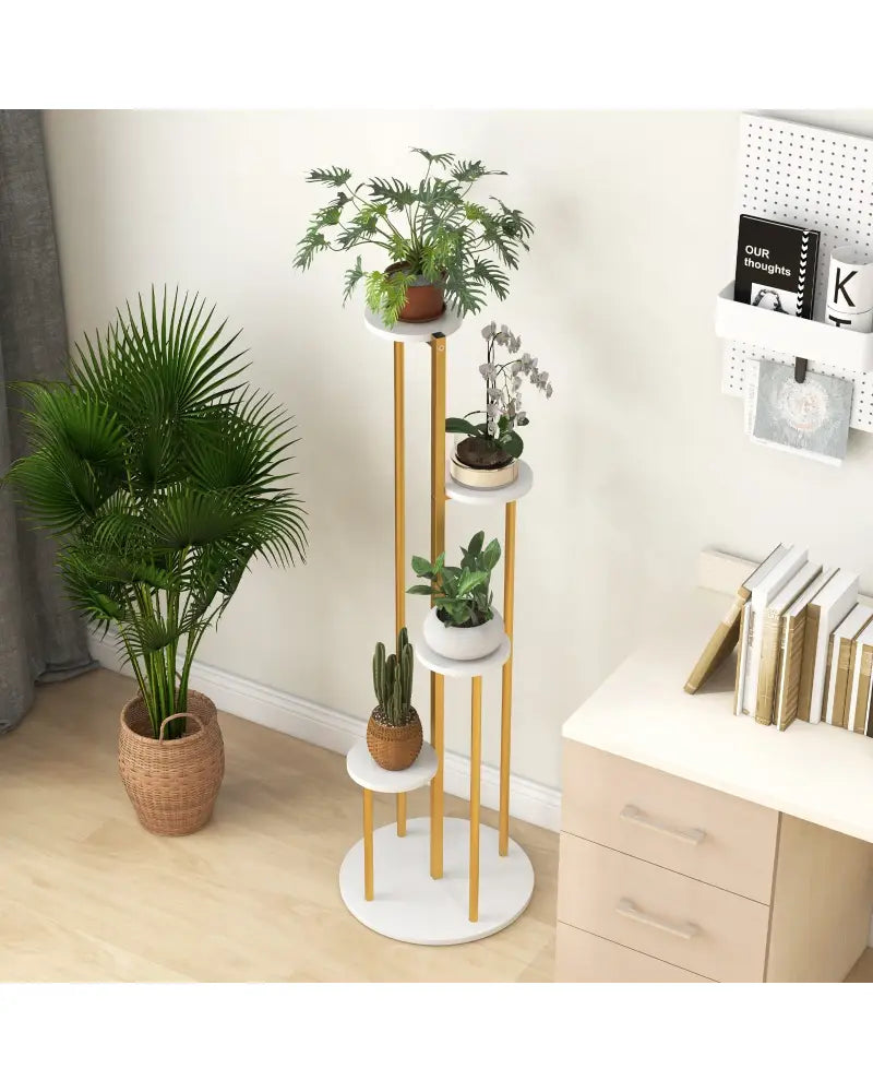 Indoor Metal Plant Stand Corner Plant Shelf for Potted Plant with Golden Metal Frame-White - White - Plant Stands