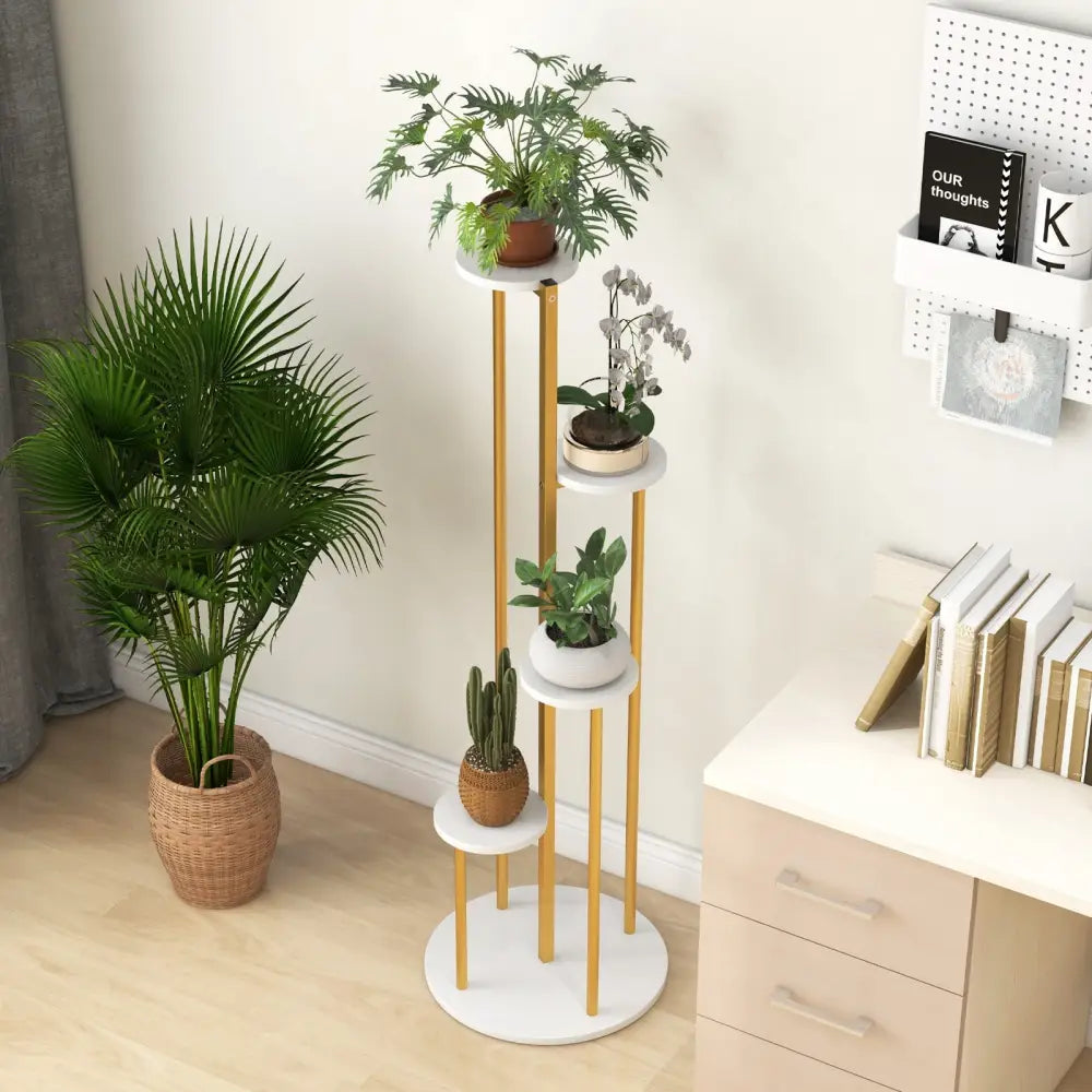 Indoor Metal Plant Stand Corner Plant Shelf for Potted Plant with Golden Metal Frame-White - White - Plant Stands
