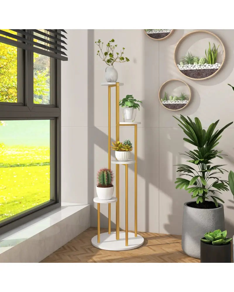 Indoor Metal Plant Stand Corner Plant Shelf for Potted Plant with Golden Metal Frame-White - White - Plant Stands