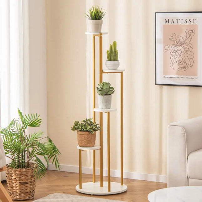 Indoor Metal Plant Stand Corner Plant Shelf for Potted Plant with Golden Metal Frame-White - White - Plant Stands