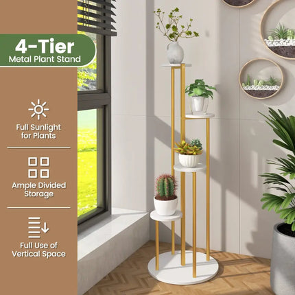 Indoor Metal Plant Stand Corner Plant Shelf for Potted Plant with Golden Metal Frame-White - White - Plant Stands