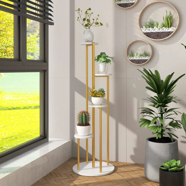 Indoor Metal Plant Stand Corner Plant Shelf for Potted Plant with Golden Metal Frame-White - White - Plant Stands
