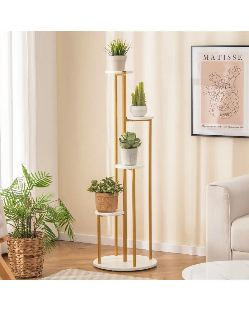 Indoor Metal Plant Stand Corner Plant Shelf for Potted Plant with Golden Metal Frame-White - White - Plant Stands