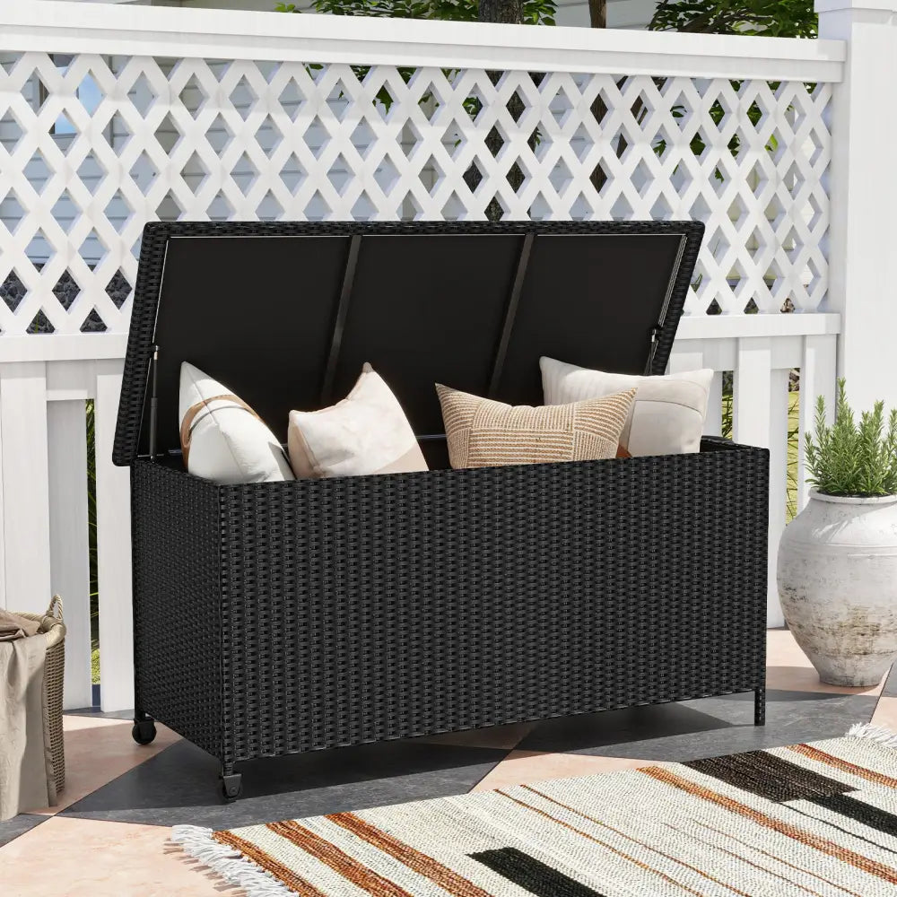 Indoor Outdoor 85 Gallon Storage Container with Waterproof Liner and Universal Wheels-Black - Black - Sheds & Outdoor