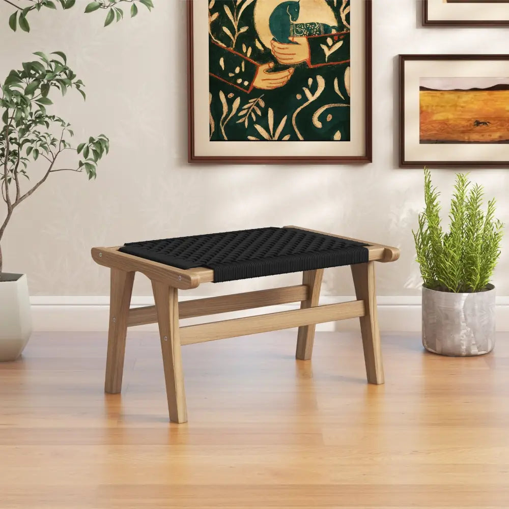 Indoor Outdoor Ottoman Footstool Teak Wooden Foot Rest with Handwoven Cordage - Natural & Black - Ottomans
